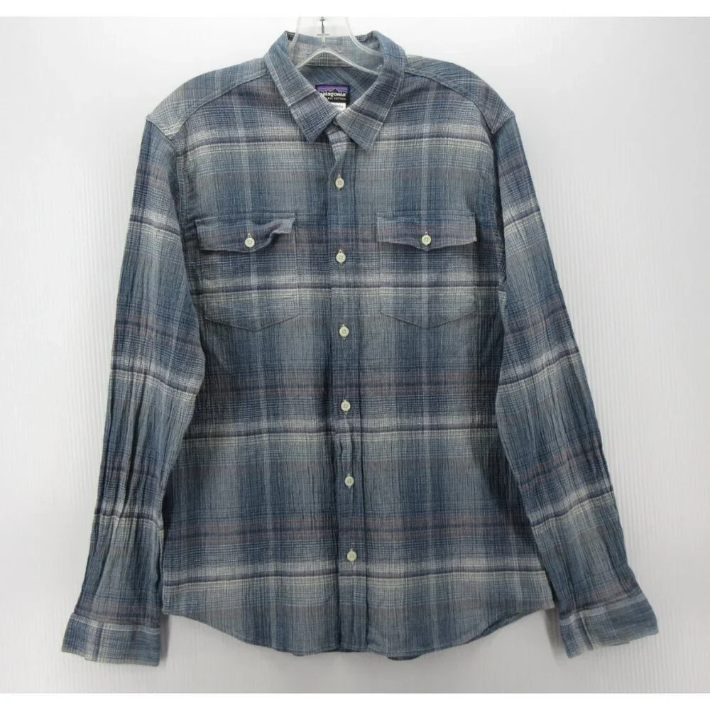 Patagonia Shirt Medium Button Up Shadow Plaid Textured Outdoor Organic